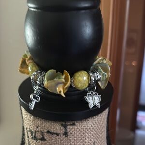 Silver and Green Bead & Shell Charm Bracelet